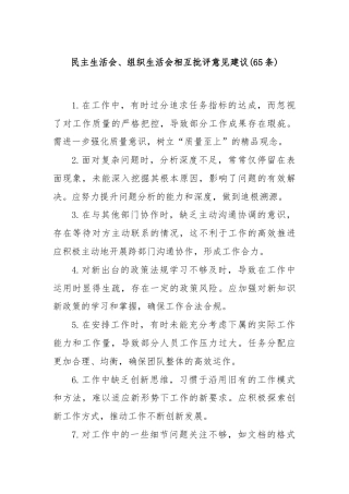 (65条)民主生活会、组织生活会相互批评意见建议