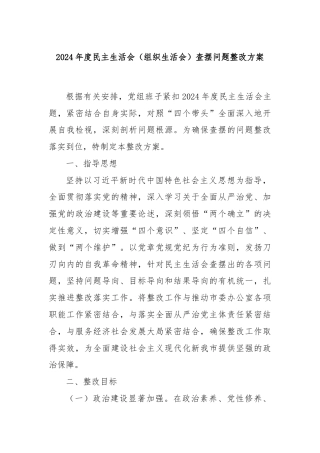 2024年度民主生活会（组织生活会）查摆问题整改方案