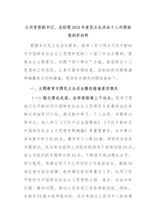 公司党委副书记、总经理2024年度民主生活会个人对照检视剖析材料