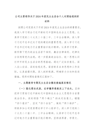 公司主要领导关于2024年度民主生活会个人对照检视剖析材料