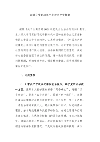 街道分管副职民主生活会发言提纲