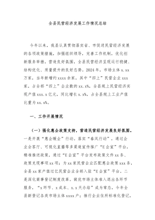 全县民营经济发展工作情况总结