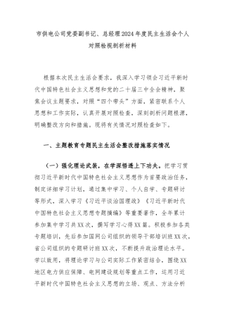市供电公司党委副书记、总经理2024年度民主生活会个人对照检视剖析材料
