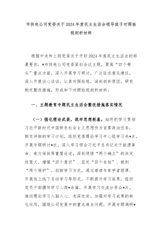市供电公司党委关于2024年度民主生活会领导班子对照检视剖析材料