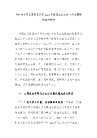 市供电公司主要领导关于2024年度民主生活会个人对照检视剖析材料