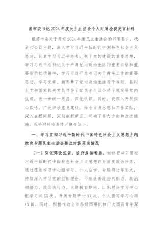 团市委书记2024年度民主生活会个人对照检视发言材料