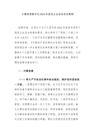 乡镇党委副书记2024年度民主生活会发言提纲