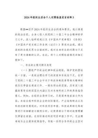 2024年组织生活会个人对照检查发言材料3