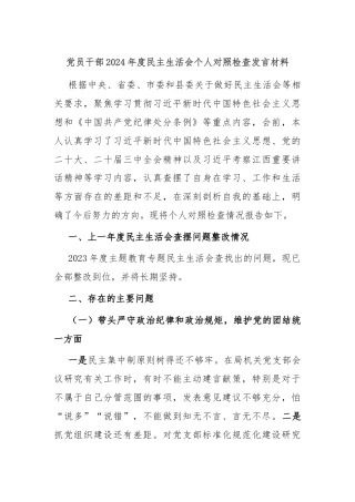 党员干部2024年度民主生活会个人对照检查发言材料