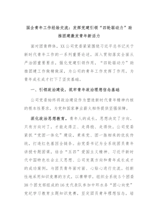 国企青年工作经验交流：发挥党建引领“四轮驱动力”助推团建激发青年新活力