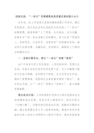 经验交流：“一体化”党建凝聚起高质量发展的强大合力