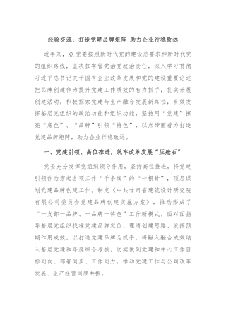 经验交流：打造党建品牌矩阵 助力企业行稳致远