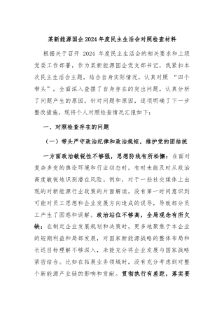 某新能源国企2024年度民主生活会对照检查材料