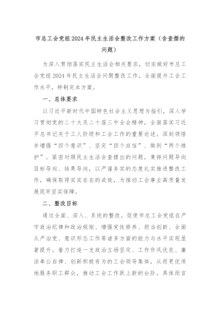 市总工会党组2024年民主生活会整改工作方案（含查摆的问题）