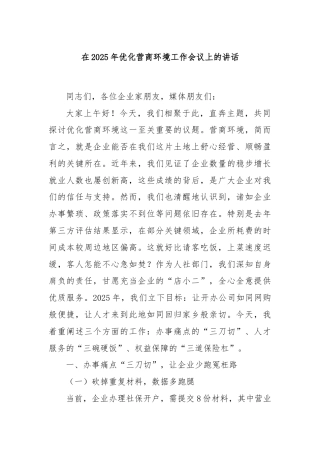 在2025年优化营商环境工作会议上的讲话
