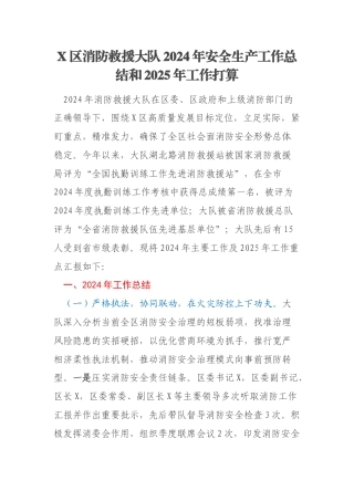 X区消防救援大队2024年安全生产工作总结和2025年工作打算