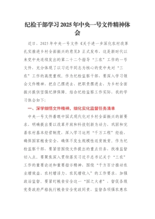 纪检干部学习2025年中央一号文件精神体会