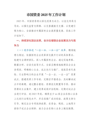 市国资委2025年工作计划