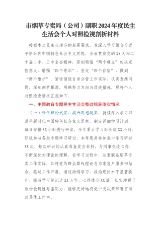 市烟草专卖局（公司）副职2024年度民主生活会个人对照检视剖析材料