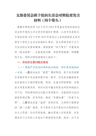支部委员会班子组织生活会对照检查发言材料（四个带头）