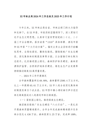 XX市林业局2024年工作总结及2025年工作计划