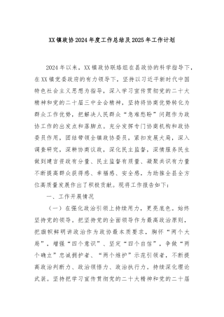 XX镇政协2024年度工作总结及2025年工作计划