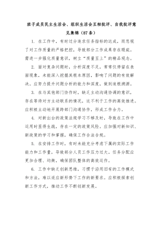 班子成员民主生活会、组织生活会互相批评、自我批评意见集锦（87条）