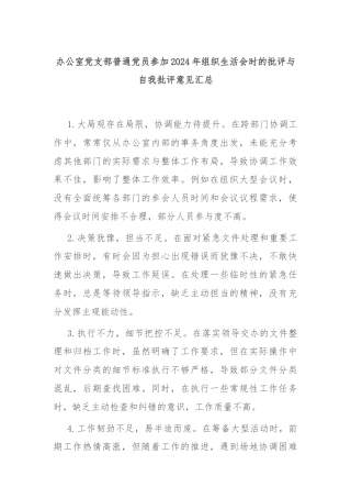 办公室党支部普通党员参加2024年组织生活会时的批评与自我批评意见汇总