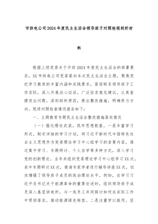 市供电公司2024年度民主生活会领导班子对照检视剖析材料