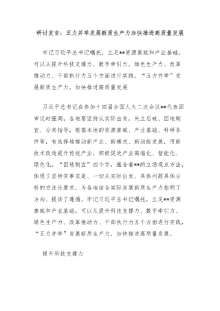 研讨发言：五力并举发展新质生产力加快推进高质量发展