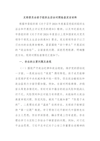 支部委员会班子组织生活会对照检查发言材料