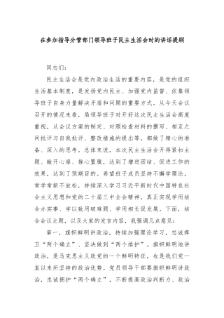 在参加指导分管部门领导班子民主生活会时的讲话提纲