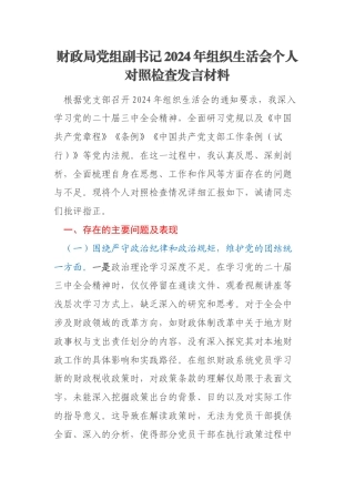 财政局党组副书记2024年组织生活会个人对照检查发言材料