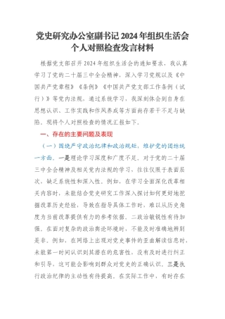 党史研究办公室副书记2024年组织生活会个人对照检查发言材料