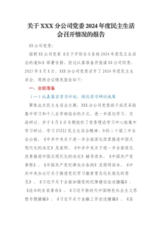 关于XXX分公司党委2024年度民主生活会召开情况的报告