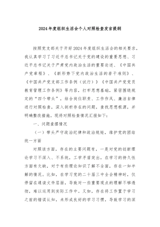 2024年度组织生活会个人对照检查发言提纲