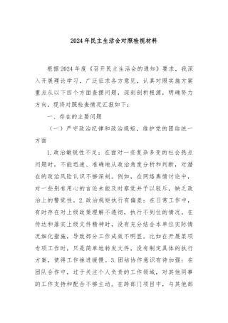 2024年民主生活会对照检视材料