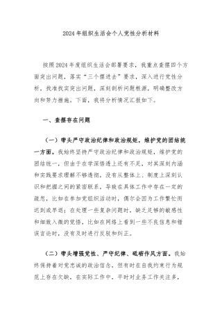 2024年组织生活会个人党性分析材料
