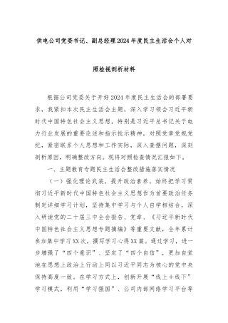 供电公司党委书记、副总经理2024年度民主生活会个人对照检视剖析材料