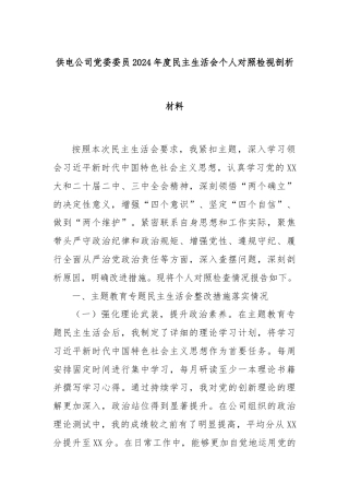 供电公司党委委员2024年度民主生活会个人对照检视剖析材料