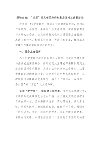 经验交流：“三型”党支部品牌开创基层党建工作新路径