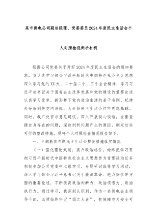 某市供电公司副总经理、党委委员2024年度民主生活会个人对照检视剖析材料