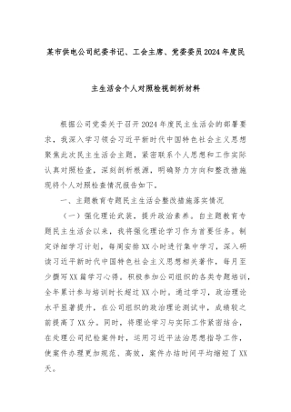 某市供电公司纪委书记、工会主席、党委委员2024年度民主生活会个人对照检视剖析材料