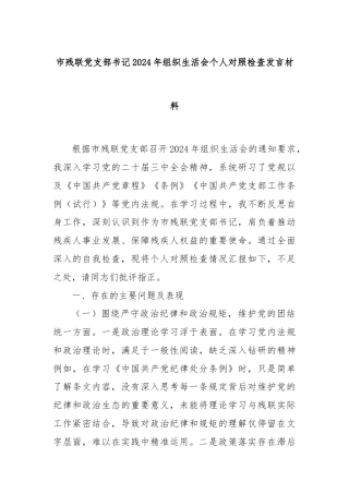 市残联党支部书记2024年组织生活会个人对照检查发言材料