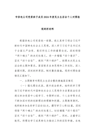 市供电公司党委班子成员2024年度民主生活会个人对照检视剖析材料