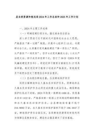 县自然资源和规划局2024年工作总结和2025年工作计划