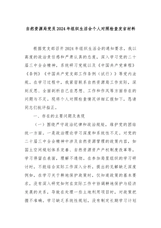 自然资源局党员2024年组织生活会个人对照检查发言材料