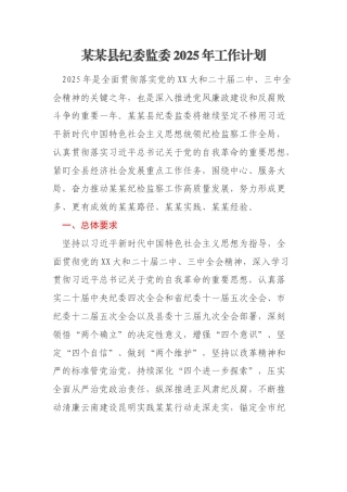 某某县纪委监委2025年工作计划