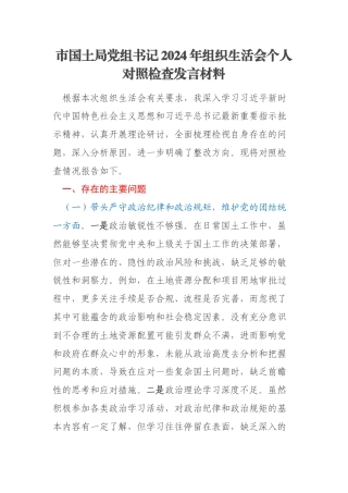 市国土局党组书记2024年组织生活会个人对照检查发言材料