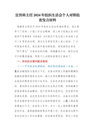 宣传科主任2024年组织生活会个人对照检查发言材料